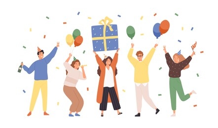 group of happy people raising hands celebrating holiday with colorful confetti vector flat illustration. woman hold gift box having fun with friends isolated. person with balloons and champagne