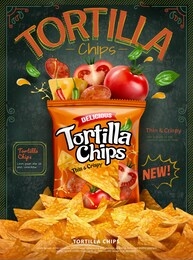 tortilla corn chips ad with a pile of chips on blackboard background, classic retro design in 3d illustration