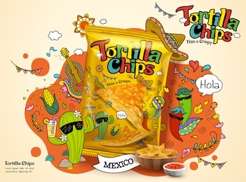 tortilla corn chip bag in 3d illustration, ad design with cute cartoon cactus and chili illustrations on the background