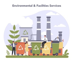commercial services and supplies sector of the economy. environmental and facilities service. garbage sorting and disposing industry. industrial recycling industry. isolated flat vector illustration