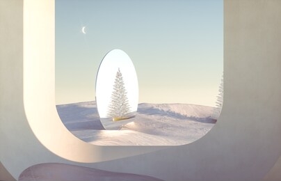 abstract winter scene with geometrical forms, arch with a podium in natural light. minimal background. surreal background. 3d render.