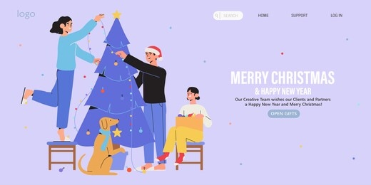 happy family decorate christmas tree together with garland and baubles. christmas and new year preparations banner, flyer, landing page. trendy characters celebrate winter holidays and x-mas at home.