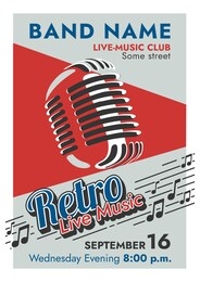 promo for the musical event "retro live music". a poster with a simplified image of a retro microphone. an easy-to-edit music flat style poster template.