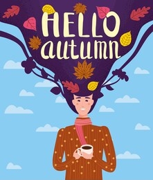 girl cut and cheerful in a brown sweater drinks a cup of tea or coffee with autumn leaves. lettering hello autumn, leaves yellow, orange. vector illustration card banner template