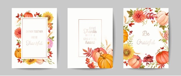 thanksgiving day greeting, seasonal fall invitation card, flyer, banner, poster template. autumn pumpkin, flower, leaves, floral design elements. vector illustration set