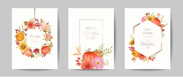 thanksgiving day greeting, autumn invitation card, flyer, banner, poster template. pumpkin, flower, leaves, floral design elements. vector illustration set
