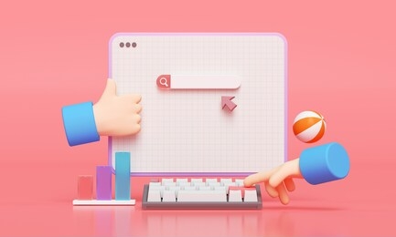 search bar webpage on pink background. hand typing for searching on web search concept. 3d rendering