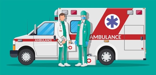 ambulance staff concept. doctor in white coat with stethoscope and case. ambulance car, emergency vehicle. healthcare, hospital and medical diagnostics. urgency services. flat illustration