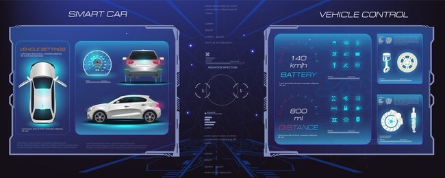 holographic interface with parameters and characteristics of passenger car. management and diagnostics of smart city electric vehicle. custom touchpad with car and hud, gui, ui elements