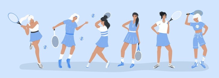set of cute tennis players. women in sport clothes playing big tennis with tennis racket vector flat cartoon illustration. female sport characters for sport club, fitness, social media design.