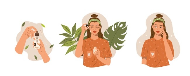 beauty girl take care of her face and applying cosmetic serum oil. woman making facial massage by lines. skin care routine, hygiene and moisturizing concept. flat vector illustration and icons set.