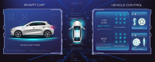 diagnostics of the state city car. analysis, testing, scanning and troubleshooting. car service in hud style. virtual holographic interface with car hud style. vector