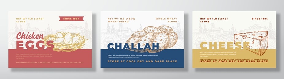 bread, chicken eggs and cheese dairy food label templates set. abstract vector packaging design layouts bundle. modern typography banners with hand drawn rural landscape background. isolated.