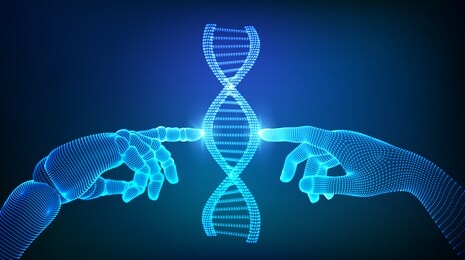 wireframe dna sequence molecules structure mesh. hands of robot and human touching on dna connecting in virtual interface on future. artificial intelligence technology concept. vector illustration.