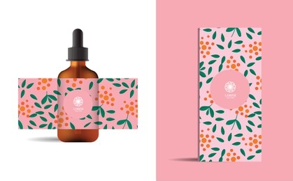 nature cosmetic package mockup with gingko blue leaf flower pattern. and luxury logo for spa, hotel, resort, branding concept. vector illustration.