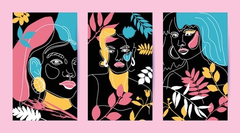 set of banners with women face minimal line style ol-line drawing. abstract contemporary autumn color collage of geometric shapes in a modern trendy style. vector female portrait. beauty concept, t