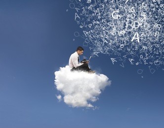 internet and social network concept with businessman on a cloud