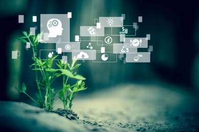 smart technology with internet of things futuristic medical concept. icon medical network connection with modern virtual screen interface, blurred gentle artistic nature  background