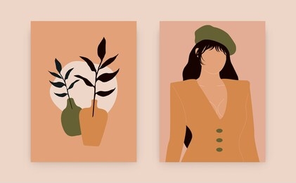 contemporary abstract posters. modern female set, fashion woman silhouette pastel colors, vase, pottery. vector illustration.