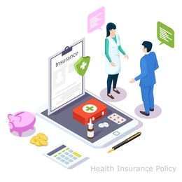 health insurance policy online, 3d isometric vector illustration. medical insurance plan concept with doctor, patient, medical form with shield, pills on mobile screen, calculator, piggy bank, money.