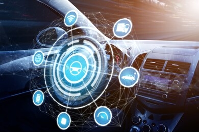 driverless car interior with futuristic dashboard for autonomous control system . inside view of cockpit hud technology using ai artificial intelligence sensor to drive car without people driver .