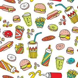 seamless hamburger milkshake and fries junk food illustration background pattern in vector
