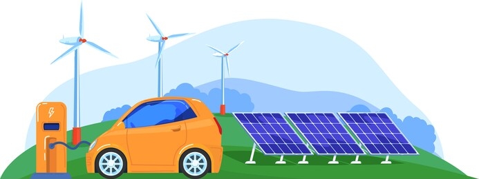 factory power, green energy, electric filling station, new technologies, design cartoon vector illustration, isolated on white. alternative solar energy, environmental protection, healthy environment.