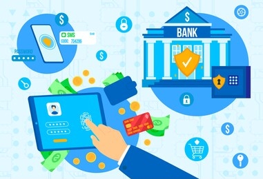 bank payment security vector illustration. cartoon flat businessman hand doing identification on fingerprint scanner in mobile device, password encryption cloud banking business technology background