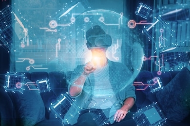 concept future innovation,technology invention,young man use vr headset open up modern experience,have fun,with virtual world full floating cube,learning artificial intelligence or ai with smart home