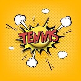 comic bang with expression text tennis. comics book font sound phrase template with tennis ball. pop art style banner message. sports fan emotions. vector illustration