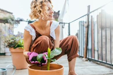 pleasant active resting terrace. blond romantic female gardener in overalls enjoying hobbie, creating garden at balcony. plants cultivation and nursery, garden maintenance.