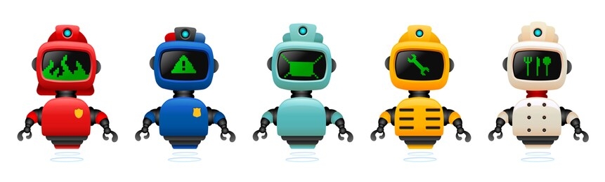 smart robots with professions.vector illustration of flying robots occupation.