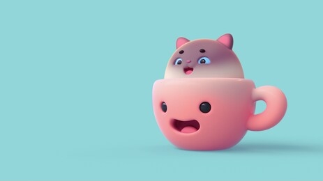 3d illustration of kawaii cacao cup with a cute marshmallow cat on blue background. funny red cup with smiling face. cartoon fluffy fat siamese kitten with an open mouth peeking out of a mug of tea.