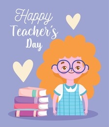 happy teachers day, blonde student girl cartoon with books vector illustration