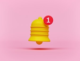 minimal notification bell icon isolated on pastel pink background. one new notification concept. social media element. 3d rendering