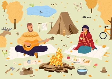 happy people at autumn vacation.man and woman sitting at camp-fire in forest. picnic of tourists in fall wood on countryside. traveling couple in weekend activity.