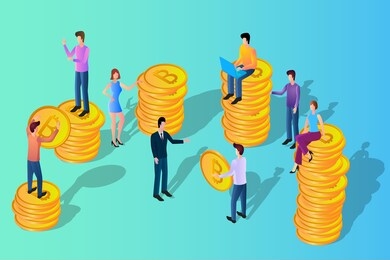 people are engaged in the production of bitcoins.the concept of cryptocurrency turnover.modern cryptocurrency mining business.financial investments in bitcoins.isometric vector illustration.
