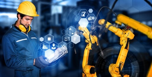 smart industry robot arms for digital factory production technology showing automation manufacturing process of the industry 4.0 or 4th industrial revolution and iot software to control operation .