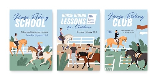 collection of colorful posters for horse riding school or lessons for adults and children. set of vertical advertisement for equestrian club or championship. vector illustration in flat cartoon style