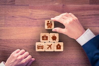 insurance company client take out complete insurance concept. assurance and insurance: car, real estate and property, travel, finances, health, family and life. top-down view flat lay design.