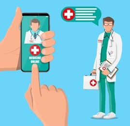 mobile phone with telemedicine app. pills and bottles, medicine online. medical assistance, help, support. doctor with first aid kit. health care application on smartphone. flat illustration