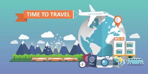 web banner.travel banner. airplane trip in various country. traveling by airplane, train, car. mountains, clouds, birds, forest, passport, compass, camera, hotel. flat design. vector illustration.