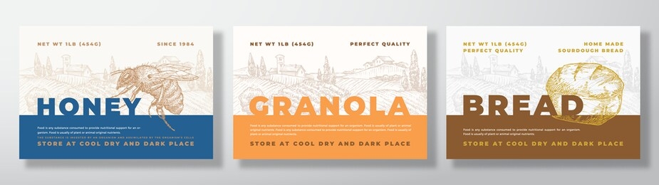 hone, granola and bread food label templates set. abstract vector packaging design layouts bundle. modern typography banners with hand drawn rural landscape background. isolated.