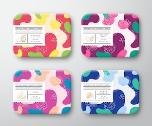 bath care cosmetics boxes set. vector wrapped containers label cover collection. packaging with hand drawn apples, figs, dragon fruit, black currant. abstract camo background pattern layout. isolated.