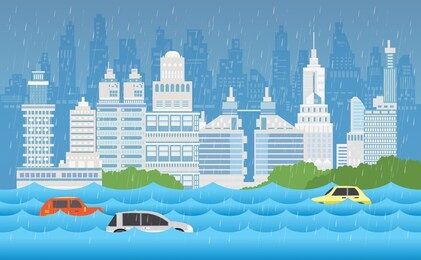 flood disaster, flooding water in city street and cars in water, vector design