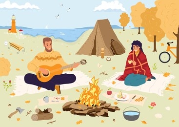 happy people at autumn vacation. man and woman sitting at camp-fire near sea. picnic of tourists on seeshore. traveling couple in weekend activity in fall wood.