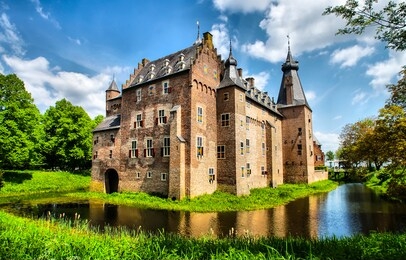 castle manor on lake island. old manor old castle. castle manor landmark