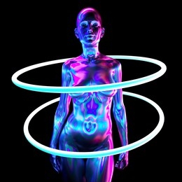 artificial goddess with neon halos or rings in fluorescent ultraviolet light. 3d rendering illustration in sci-fi cyberpunk style.