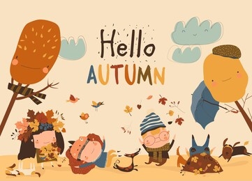 happy kids playing with autumn leaves. hello autumn