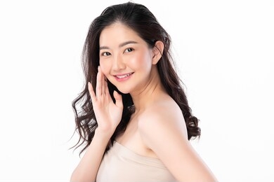 beautiful young asian woman with clean fresh skin on white background, face care, facial treatment, cosmetology, beauty and spa, asian women portrait